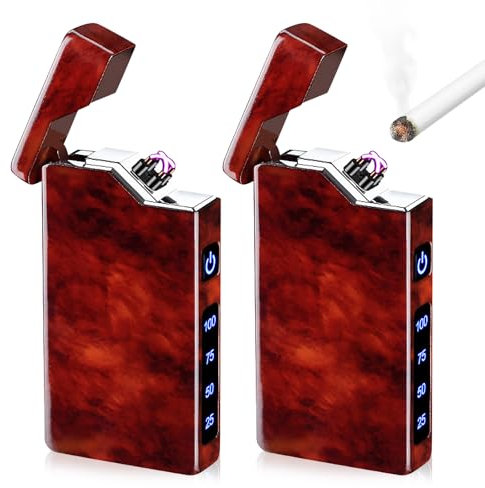 2 Stück Elektrisches Feuerzeug USB Aufladbar, Lichtbogen-Design mit Batterieanzeige - Tragbares Geschenk für Männer und Frauen mit Geschenkbox (Mahagoni-Maserung)