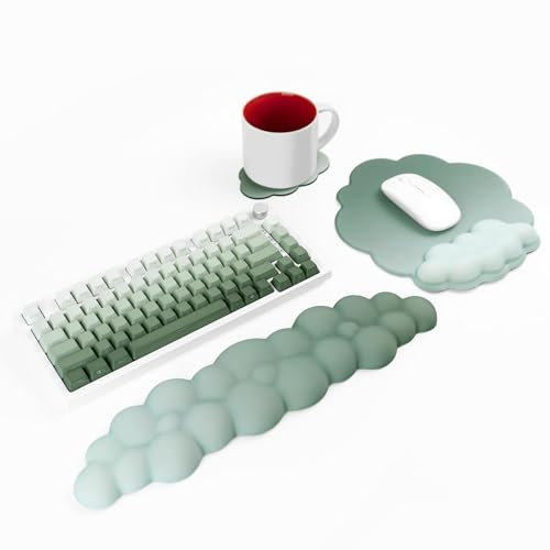 3Pcs Cloud Wrist Rest Set, Soft Memory Foam Keyboard Rest with Mouse Wrist Rest, Cute Keyboard Rest for Wrist Support and Arm Rest, for Keyboard and Mouse for Office, Gaming, Computer, Laptop, Green