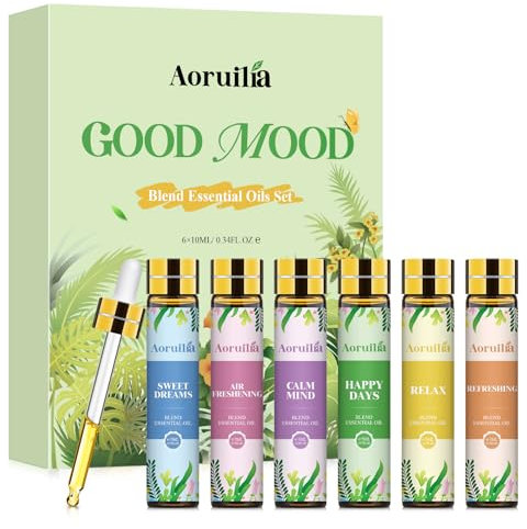 Aoruilia Essential Oil Blends Set 6 x 10ml, Well-Being Essential Oils for Diffusers for Home, Aromatherapy, Good Mood - Happy Days, Relax, Refreshing, Sweet Dreams, Air Freshening, Calm Mind