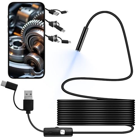 Endoscope Inspection Camera, 3-in-1 Type-C USB Borescope with 6 LED Lights, IP67 Waterproof Tube Sink Pipe Drain Cam, Flexible Rigid Snake Camera for Android, Computer (6.56 FT/2M)