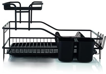 Swan SWKA5070BLK Stealth 15 Plate Dish Rack with Removable Cutlery Holder, Drip Tray, Space Saving Two Tier Design, Iron Body, Black
