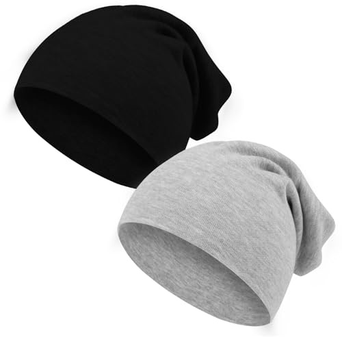 Tikplus Beanie Kinder 2 Stück, Dünne Mütze Kinder, Weiche Wintermützen für Jungen Mädchen, Warme Strickmütze Doppellagige für Kind Frühling, Herbst - Schwarz/Grau