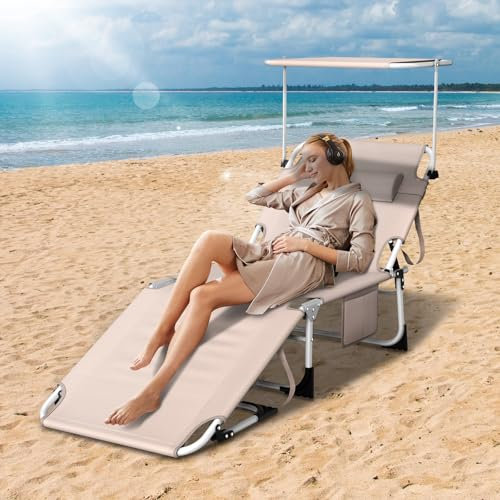 Sonnenliege mit Dach, wetterfeste Gartenliege, stabile Strandliege klappbar & leicht, mit Sonnenschutz & verstellbarer Rückenlehne, belastbar bis 150 kg, ideal für Garten Terrasse Camping, Biskuit