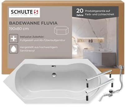 Schulte Secheckbadewanne Fluvia 190x80 cm, Set inkl. Fußgesetell, Ab- und Überlauf, aus hochwertigem Acryl in Weiß glänzend