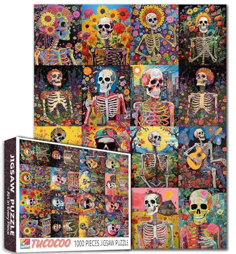 Tucocoo Abstraktes Totenkopf-Puzzle für Erwachsene, 1000 Teile, Blumen, Skelett, Collage, Kunst-Puzzle, 50,8 x 68,9 cm, bunt, DIY-Puzzles für Heimdekoration, Geschenk, Familienpuzzle für Spieleabende