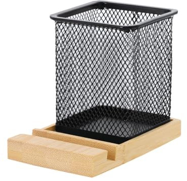 BLUECHOLON Pot à crayons carré en maille métallique | Porte-crayons de bureau | Pot à crayons original (noir avec support mobile)