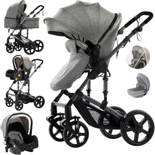 3 in1 Umkehrbarer Babyschale-Buggy | Dreibucherrahmen & Doppel-Federung | Ein-Klick-Faltmechanismus für Neugeborene und Kleinkinder(Grau)