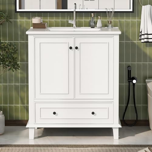 Mueble de baño de pie con lavabo, lavabo, patas de madera maciza, resistente a la humedad y al agua, gran espacio de almacenamiento, lavabo de cerámica integrado (blanco con cajones, 76 x 46 x 87 cm)