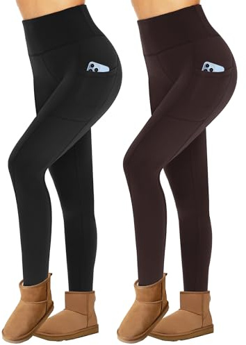 Missluck 2er Pack Thermoleggings Damen Winter mit Taschen für Sport Gym | High Waist Thermohose Gefüttert Fleece Leggins Thermounterwäsche Warm Strumpfhose Winterkleid