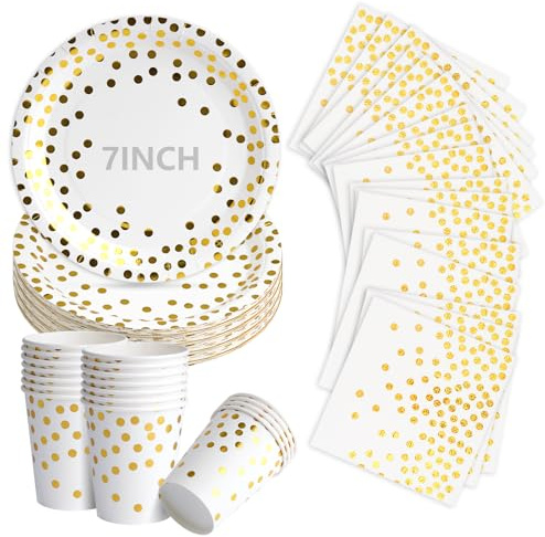 75Pcs White and Gold Paper Plates, Disposable Party Plates Cups and Napkins, 7 Inch Strong Paper Plate, Party Tableware Set for Birthday Bridal Shower Wedding Table Decorations