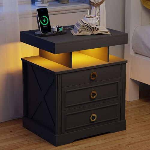 OUTDOOR DOIT Smart Bedside Table with Wireless Charging,LED Nightstand with 1 Lockable Drawer and Human Sensor Design, Sofa Side Table with Open Compartment for Bedroom,Living Room,Matte black
