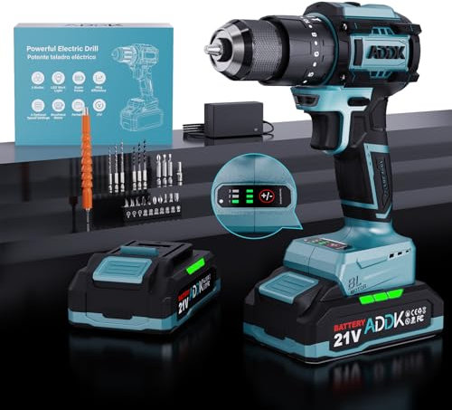 Perceuse sans fil, Perceuse Visseuse Sans Fil avec, Perceuse Visseuse à percussion sans fil avec 3 Vitesses, LED, 24+3 Réglages de Couple Ensemble de configurations ultra-complet