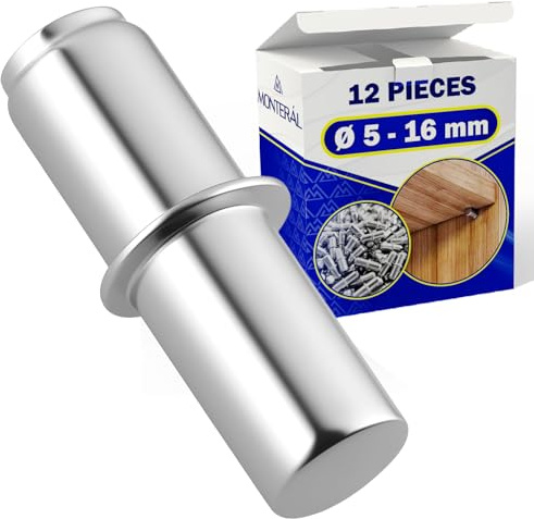 12 Pezzi Reggipiano per Mobili Ø 5 mm - 16 mm in Metallo Zincato - Perni per Mensole per Armadio Interno - MONTERAL