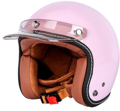 Casque Jet Ouvert Compact pour Moto adapté aux Scooters et aux vélos électriques utilisable en Toutes Saisons garantissant Une Conduite sûre avec 3/4 Demi-Casque. Rose L/59-60cm