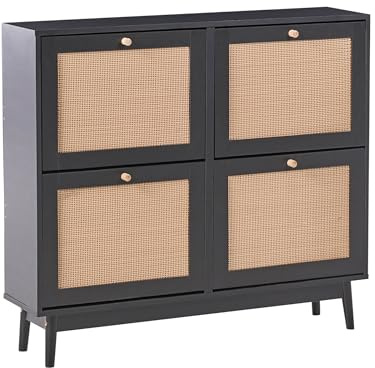 Beliani Shoe Storage Cabinet 4 Compartments Particle Board Rattan Boho Style Black Armidale