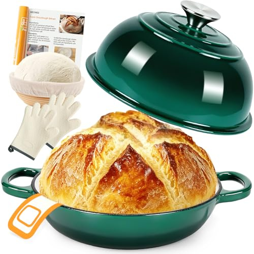 AHJ Cocotte en Fonte Émaillée, 5,7L/26cm Casserole Fonte Emaillee | Dutch Oven avec Pain Banneton,Émaillée Cocotte Pain avec Couvercle,pour Cuisine,Cuisson au Four,Mijotage et Saisissage (Vert)