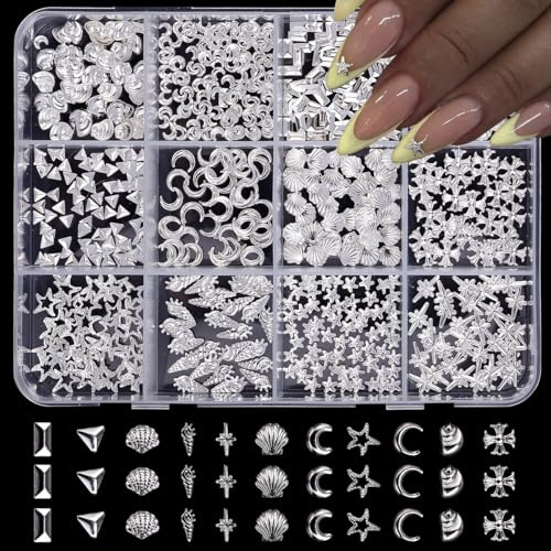 3D Nail Charms - 12 Grids Silver Metal Nail Gems - Rhinestones Charms Nail Accessories With Shell Moon Star Cross Designs - Nail Gems For Nail Art Diy - Nail Stuff For Women Decorations Gift