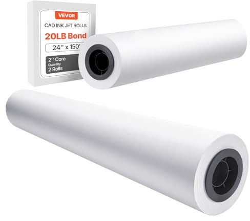 VEVOR Rouleau de papier à dessin blanc, grand format 609,6 mm x 45,7 m, lot de 2 rouleaux de papier pour traceur CAO, noyau de 50,8 mm, pour plans d'ingénierie, cartes SIG, conceptions architecturales