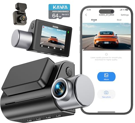KAWA 4K Dash Cam Front Rear, Voice Control, GPS & Wi-Fi6 Dual Dash Camera | 2K HDR, Free 64GB TF Card, 2”IPS Screen, G-Sensor, Night Vision, Loop Recording, 24H Park Mode, Smart Dashcam
