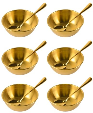 CZCMYAU 6 PCS Stainless Steel Gold Mini Dipping Bowls, 8.4cm Round Soy Sauce Dish for Sauces and Appetizer Nibbles, Snack Bowls Polished with 6 Spoons for Party Food, Seasoning Food, Sushi Sauces
