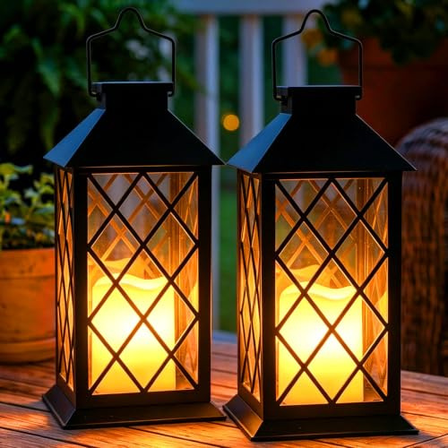 Dekofun 35cm Solarlaterne für Außen, 2 Stück, Schwarz | Mit Flammeneffekt, Hängend & Stehend Nutzbar, IP65 Wasserdicht mit Sicherheitsglas für Garten, Balkon, Terrasse, Draußen Deko