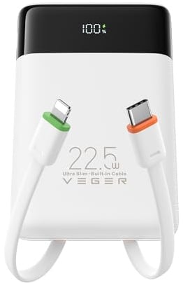 VEGER 10000mAh Powerbank con Cavi Integrati 22.5W Ricarica Rapida Portatile
