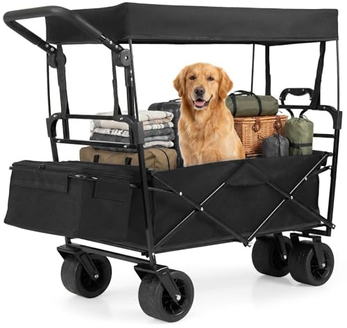 COSTWAY Bollerwagen faltbar mit Dach, Strandwagen mit verstellbarem Griff & Abnehmbarer Aufbewahrungstasche, Handwagen bis 100 kg Belastbar, Gartenwagen 100L, Transportwagen für Camping (Schwarz)