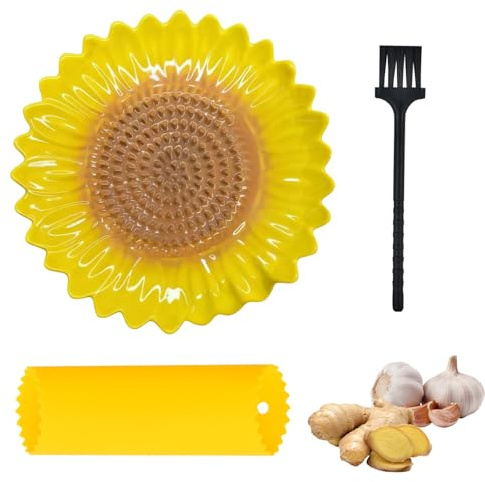 Keramikreibe, Sonnenblumen Knoblauchreibe Mit Pinseln & knoblauchschäler | Knoblauchreibe Keramik Teller, Ingwerreibe aus Keramikfür Knoblauch Ingwer Gewürze In Der Küche