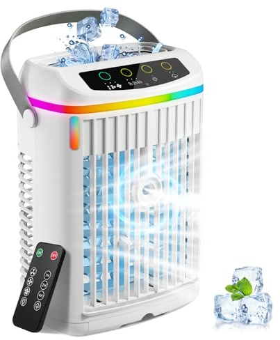 Portable Air Conditioner with Remote, 4 in 1 Evaporative Misting Fan with Ice Cooling Mist Quiet Mini Evaporative Air Coolers with 1000ML Tank 3 Speeds 1-4H Timer 7 Colors Night Light for Home Office