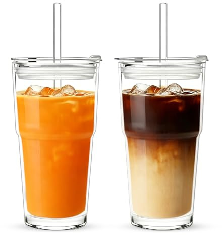 Verres à Café avec Couvercle et Paille 600 ml 2 pièces | passent au lave-vaisselle, pour latte, glace, thé glacé, iced americano, lait, jus verres universels