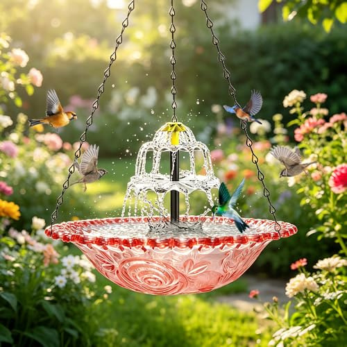 Fontaine Solaire à Suspendre en Cascade pour Oiseaux, Bain D'oiseaux Suspendu En Cascade Solaire, Bol Cascade Oiseauxs Suspendus Plein Air avec pompe solaire et bol pour extérieur,jardin, cour,23x46cm