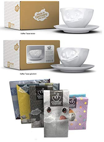 FIFTYEIGHT PRODUCTS Kaffeetassen 2er SET + Servietten, 200 ml, LECKER+GLÜCKLICH