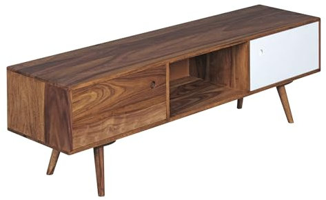 Wohnling TV Lowboard REPA 140 cm Massiv-Holz Sheesham Landhaus 2 Türen & Fach, HiFi Regal braun/weiß 4 Füße, Fernseher Kommode Vintage