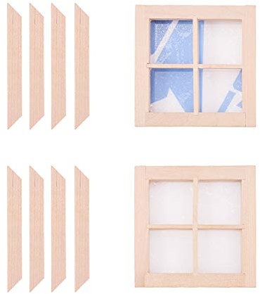 WANDIC Dollhouse Windows, 2 Pcs 4-Pane Unpainted Wooden Windows, 1:12 Scale Mini Window Frame for DIY Dollhouse or Model Town Accessory