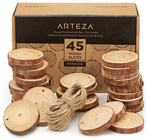 Arteza Fette Di Legno Grezzo con Corteccia di Pino Naturale, Diametro 6-7cm (45 Pezzi) Superficie Liscia con 15mt Corda di Juta Naturale per Lavorazioni, Artigianato, Bomboniere, Decorare, Fai Da Te