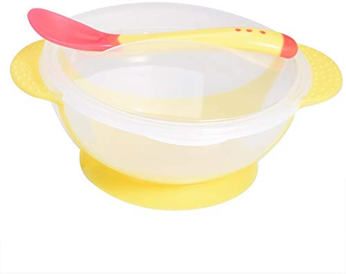 Bol pour Bébé Vaisselle avec Cuillère Thermosensible et Couvercle Bol d'Apprentissage Cadeau de Naissance(Yellow)