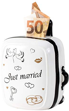 Moderne Spardose Sparschwein Just married für Hochzeit aus Keramik weiß Höhe 15 cm