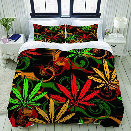 ALLMILL Bettwäsche-Set, Mikrofaser,Grüne Karikatur Rasta Zusammenfassung vom Marihuana-Hanf auf Rastafarian färbt Ganja,1 Bettbezug 200 x 200cm+ 2 Kopfkissenbezug 80x80cm