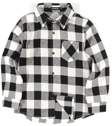 Spring & Gege Garçons Chemise boutonnée à Manches Longues en Flanelle à Carreaux pour Enfants Noir et Blanc 13-14ans