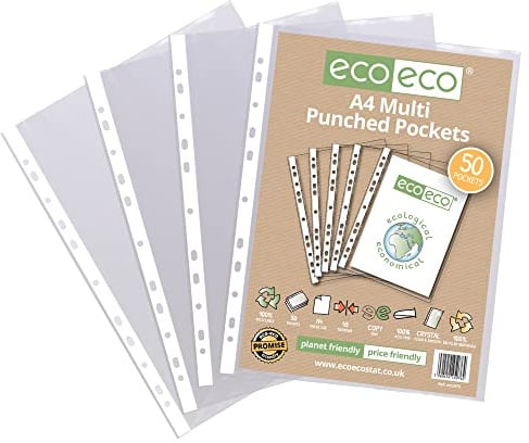 eco-eco A4 100% Recycled Multi Punched Pockets Glass Clear, Transparent Poly Wallet Sheet Protector, 45 Microns (Pack of 50), eco076