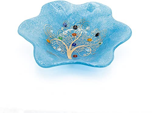 Sospiri Venezia Vide-poches Plat Décoratif Bol Arbre de Vie Verre de Murano Décoré Murrines et Feuille d'Or Idée Cadeau Fait à la Main Fabriqué en Italie (19x19 cm)