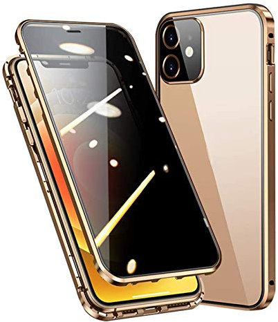 HHZY Coque pour Iphone 12 Pro Max Magnétique Adsorption et Métal Bumper Etui Antichoc avec Transparente Arrière et Devant Verre Trempé Case avec Caméra Arrière Protecteur,d'or,12 Pro Max