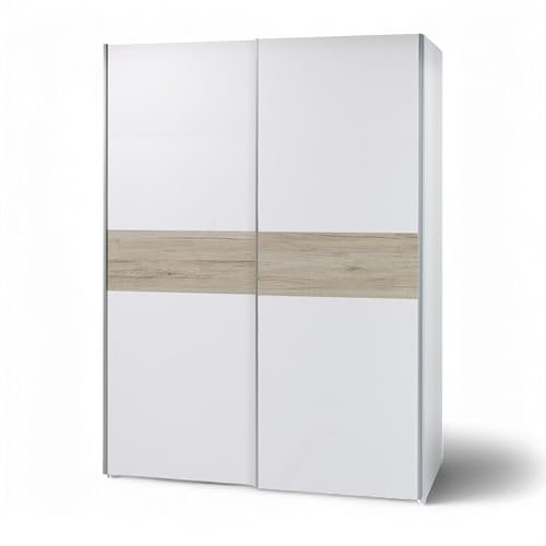 Puls Kleiderschrank in Weiß, Eiche San Remo Optik - Vielseitiger Schwebetürenschrank 2-türig mit viel Stauraum - 170 x 196 x 59 cm (B/H/T)