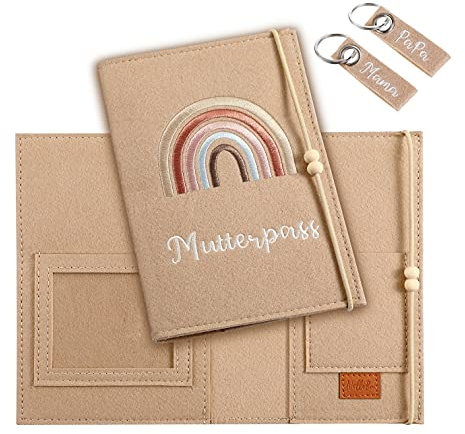 NELLIBU Mutterpasshülle 3-teilig aus Filz – Handmade Schutzhülle für Mutterpass mit Ultraschallbild Tasche & 2 Schlüsselanhängern – Geschenk für Schwangere