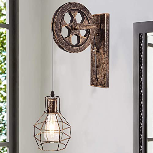 iDEGU Wandlampe Vintage Wandleuchte im Industrial Design Retro Lampe Holz Riemenscheibe 1 flammige Hängelampe für Wohnzimmer Küche Restaurant (Bronze)
