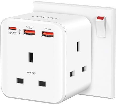 LENCENT 3 way plug adaptor with 3 Fast Charge USB, 6-in-1 Cube Multi Plug Extension with PD&QC 3.0 20W USB Wall Charger, Plug Extender for Home, Office, Kitchen, 13A 3250W