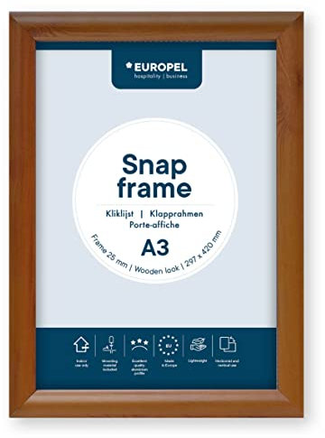 Europel leichte Klapprahmen DIN A3, Easy-Click System, Profil 25x11 mm, Farbe Holzoptik, eloxierte Aluminium und blendfreie Schutzfolie, Außenmaß 328x451 mm, grau Polystyrol Rückseite