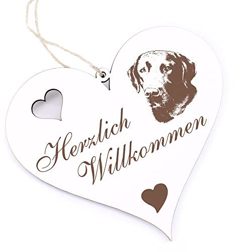 Herzlich Willkommen Schild - Labrador Retriever Kopf - Deko Herz Holz Willkommensschild Türschild Dekoschild Türdeko