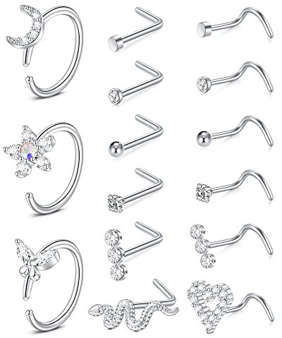 Mayhoop 18G Nasenpiercing Nasenringe Nasenstecker Chirurgenstahl Silber Nostril Piercing Schmuck für Damen Herren 15St