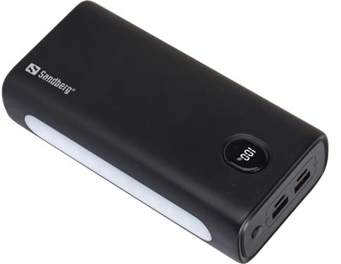 Sandberg Powerbank USB-C PD 20W 30000, Schnellladetechnik, 12 Ladezyklen, Tragbares Ladegerät, Durchgangsstrom, Duale Laden, Taschenlampe, USB-C USB-A, Mobile Powerbank für Handy Tablet